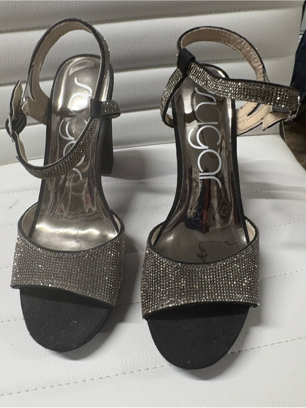 Sugar Black and Rhinestone Crystal Block Heel Sandals